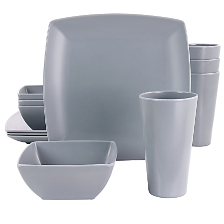 Gibson Home 12-Piece Grayson Melamine Square Dinnerware Set, Gray