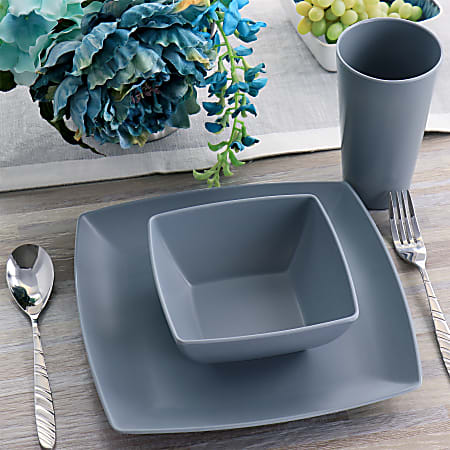 Gibson Home 12 Piece Grayson Melamine Square Dinnerware Set Gray