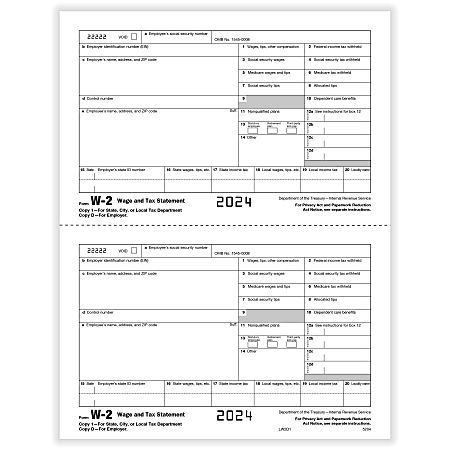 ComplyRight® W-2 Tax Forms, 2-Up, Employer’s Copy D and/or State, City Or Local Copy 2, Laser, 8-1/2" x 11", Pack Of 50 Forms