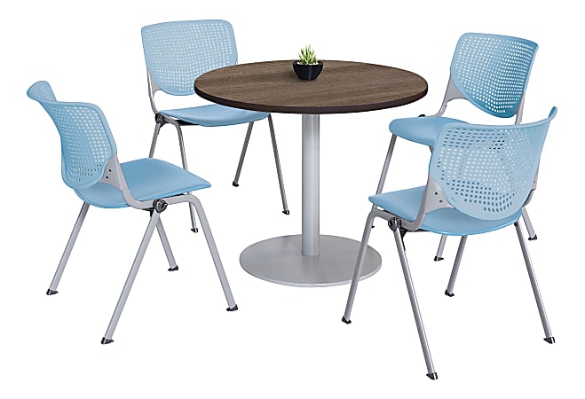 KFI Studios KOOL Round Pedestal Table With 4 Stacking Chairs, Studio Teak/Sky Blue