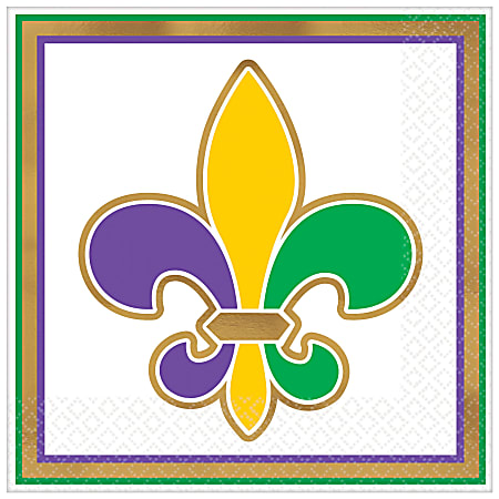 Amscan Mardi Gras Fleur de Lis Beverage Napkins, 5" x 5", Multicolor, 16 Napkins Per Pack, Set Of 4 Packs