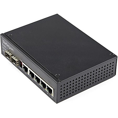 StarTech.com Industrial 5 Port Gigabit Ethernet Switch 5 PoE RJ45 +2 SFP Slots 30W PoE+ 48VDC 10/100/1000 Mbps -40C to 75C w/DIN Connector - Industrial 5 Port Gigabit Ethernet Switch - Up to 30W per 4 PoE ports