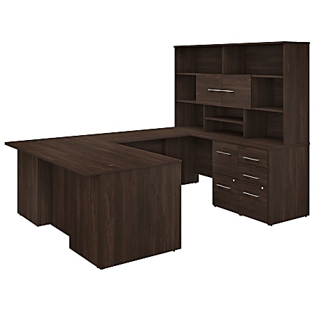 Bush Business Furniture Office 500 72"W U-Shaped Executive Desk With Drawers And Hutch, Black Walnut, Premium Installation