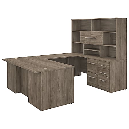 Bush Business Furniture Office 500 72"W U-Shaped Executive Corner Desk With Drawers And Hutch, Modern Hickory, Premium Installation