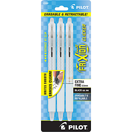 Pilot FriXion Clicker Checker Design Erasable Gel Pens, Extra Fine Point, 0.5mm, White Barrel, Black Ink, Pack of 3 Pens