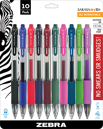 Zebra® Pen SARASA® Retractable Gel Pens, Pack Of 10, Medium Point, 0.7 mm, Clear Barrel, Assorted Ink Colors