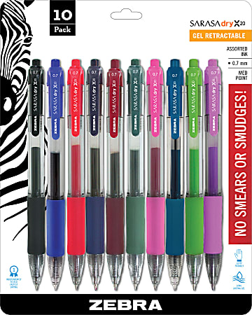 Zebra Pen SARASA Retractable Gel Pens Pack Of 10 Medium Point 0.7 mm Clear Barrel Assorted Ink Colors