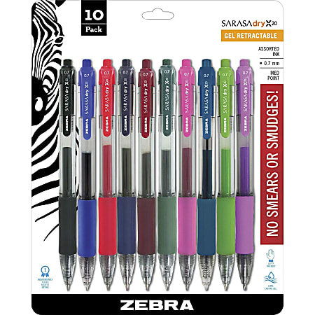 Zebra Sarasa retractable gel  pen 0.7 mm 10 pcs ASSORTED COLORS 
