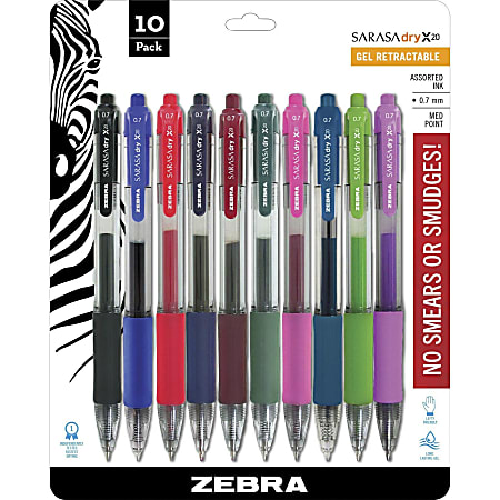 Zebra Pen SARASA Retractable Gel Pens Pack Of 10 Medium Point 0.7 mm Clear Barrel Assorted Ink Colors