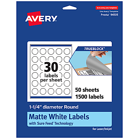 Avery® Print-To-The-Edge TrueBlock® Labels With Sure Feed®, 94505-TWMP50, Round, 1-1/4", Matte White, Pack Of 1500