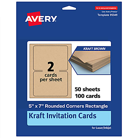Avery® Printable Invitation Cards, 5" x 7" Rectangle Rounded Corners, Kraft Brown, Pack Of 100