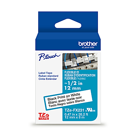 Brother P-touch TZeFX231, Flexible ID Laminated, ~1/2" x 26.2 ft (12mm x 8m), Black on White Label Tape