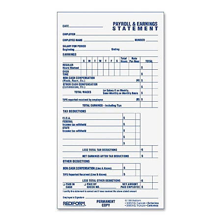 Rediform 2-part Individual Time/Payroll Records - 55 Sheet(s) - 2 PartCarbonless Copy - 3.75" x 6.87" Sheet Size - White Sheet(s) - Blue Print Color - White Cover - 1 Each