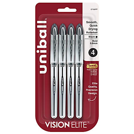 uni-ball® Vision™ Elite™ Liquid Ink Rollerball Pens, Bold Point, 0.8 mm, White Barrel, Black Ink, Pack Of 4