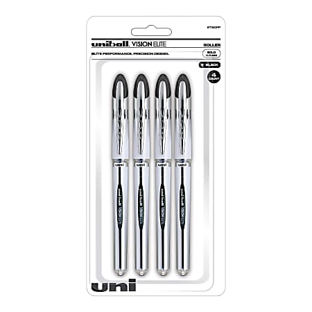 uni-ball® Vision™ Elite™ Liquid Ink Rollerball Pens, Bold Point, 0.8 mm, White Barrel, Black Ink, Pack Of 4