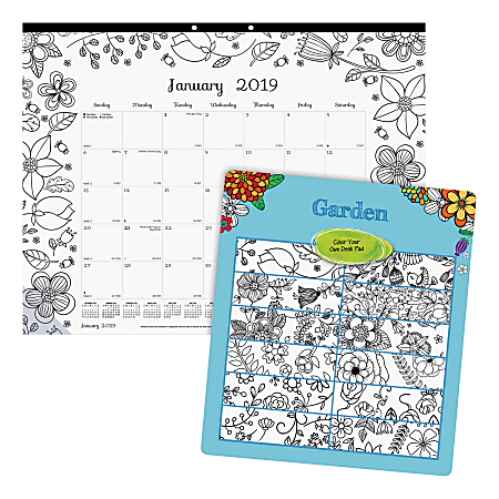 Blueline Garden Design Monthly Desk Pad - Julian - Monthly - January 2019 till December 2019 - 1Month Single Page Layout - Desk Pad - White - Chipboard - Eyelet, Tear-off, Compact, Reinforced - 22" x 17"