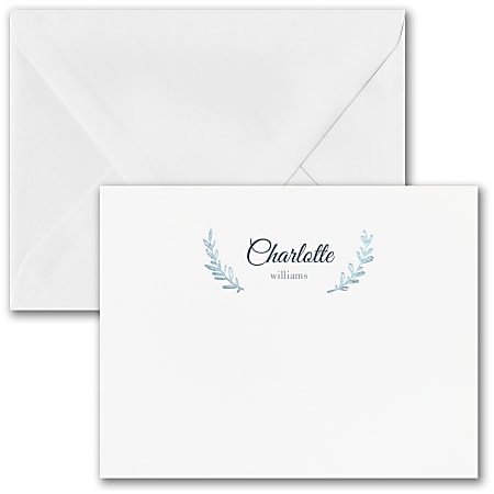 Custom Premium Stationery Flat Note Cards, 5-1/2" x 4-1/4", Leaf Cradled Name, White, Box Of 25 Cards