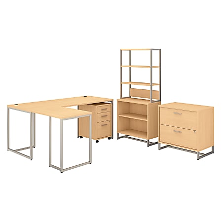 kathy ireland® Office by Bush Business Furniture Method 72"W L-Shaped Desk With 30"W Return, File Cabinets And Bookcase, Natural Maple, Standard Delivery
