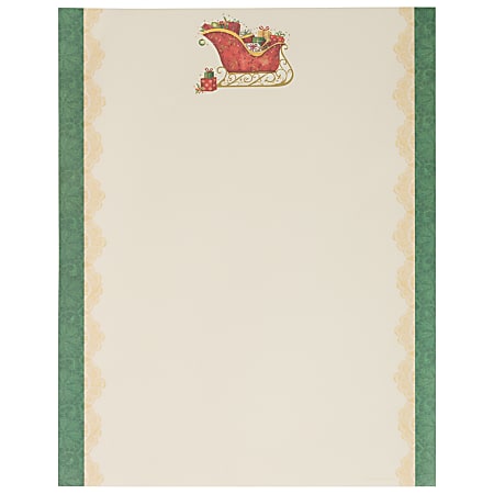JAM Paper® Christmas Paper, Letter Size (8 1/2" x 11"), 28 Lb, Santa's Sleigh with Green Edging, Pack of 100 Sheets
