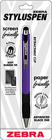 Zebra® STYLUSPEN™ Retractable Stylus Pen With Grip, Medium Point, 1.0 mm, Sour Grapes Barrel, Black Ink
