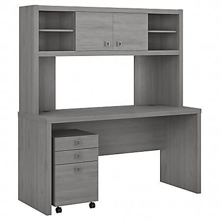 Bush Business Furniture Echo 60"W Credenza Computer Desk With Hutch And Mobile File Cabinet, Modern Gray, Standard Delivery