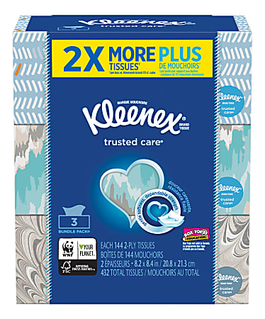 Kleenex® Trusted Care Everyday 2-Ply Facial Tissues, White, FSC® Certified, 144 Tissues Per Box, Pack Of 3 Boxes