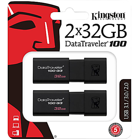 Kingston DataTraveler 100 G3 USB Flash Drive - 32 GB - USB 3.0 - 100 MB/s Read Speed - Black - 5 Year Warranty - 2 Pack