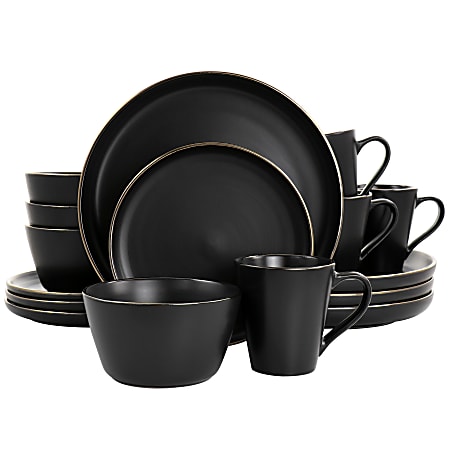 Elama Paul 16-Piece Stoneware Dinnerware Set, Matte Black/Gold