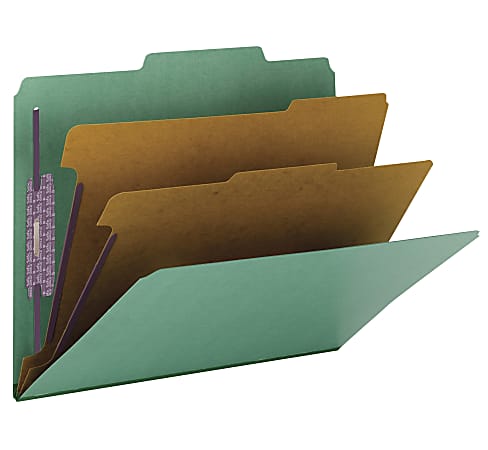 Smead&reg; Classification Folders, Pressboard With SafeSHIELD&reg; Fasteners, 2 Dividers, 2" Expansion, Letter Size, Green, Box Of 10
