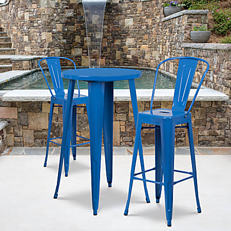 Flash Furniture Round Metal Bar Table Set With 2 Café Stools, 41" x 24", Blue