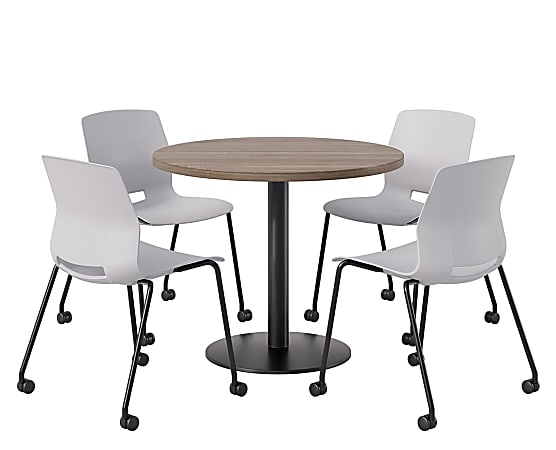 KFI Studios Proof Cafe Round Pedestal Table With Imme Caster Chairs, Includes 4 Chairs, 29”H x 36”W x 36”D, Studio Teak Top/Black Base/Light Gray Chairs