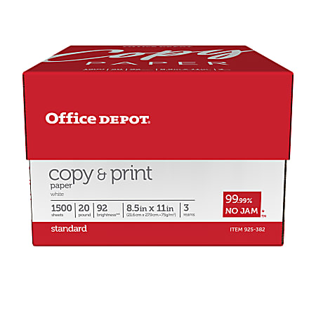 Office Depot Brand Multi-Use Paper, Letter Size (8 1/2 inch x 11 inch), 96 (U.S.) Brightness, 20 lb, White, Ream of 500 Sheets, Case of 10 Reams