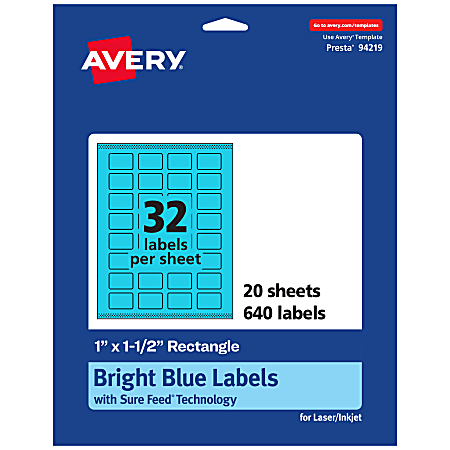 Avery® Print-To-The-Edge Labels With Sure Feed® Technology And Easy Peel®, 94219-BBP20, Rectangle, 1" x 1-1/2", Matte Bright Blue, Pack of 640