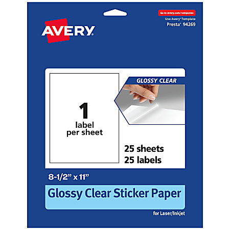 Avery® Glossy Permanent Labels, 94269-CGF25, Rectangle, 8-1/2" x 11", Clear, Pack Of 25
