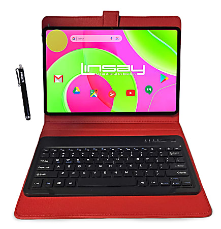 LINSAY 12  Octa Core 256GB  Storage Android 14 Tablet with Red Style Keyboard Pen Stylus