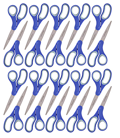 Office Depot® Brand Soft Handle Stainless Steel Scissors, 8", Bent, Blue/Gray, Case Of 20 Scissors