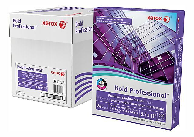 Xerox® Bold Professional Premium Quality Inkjet Or Laser Paper, Letter Size (8 1/2" x 11"), Ream Of 500 sheets, Case of 5 reams, FSC® Certified, 24 Lb, 98 Brightness