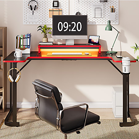 Bestier 60"W Gaming Computer Desk With LED Lights, Monitor Stand, Headphone Hook And Cup Holder, Black Carbon Fiber