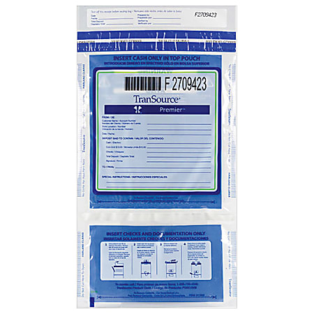 Custom Vertical Dual Pocket Premier Check Deposit Bags, 9" x 15", Blue/Clear, Pack Of 100 Bags