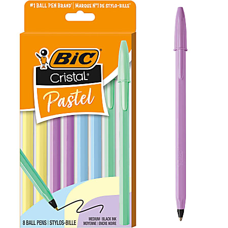 BIC Cristal Pastel Ballpoint Pens, Black Ink, Pastel Colored Barrels, Pens for Journaling, 8-Count Pack