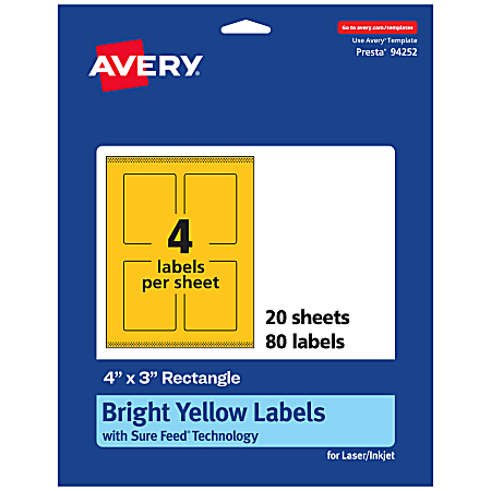 Avery® Print-To-The-Edge Labels With Sure Feed® Technology, 94252-BYP20, Rectangle, 4" x 3", Matte Bright Yellow, Pack of 80