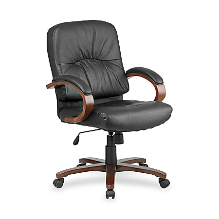 Lorell™ Woodbridge Series Managerial Mid-Back Leather Chair, 42 1/2"H x 26 1/2"W x 28 3/4"D,Cherry Frame, Black Leather