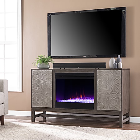 SEI Furniture Lannington Color-Changing Electric Fireplace with Media Storage, 30-3/4”H x 54-1/4”W x 16”D, Brown/Antique Silver