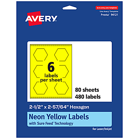 Avery® Print-To-The-Edge Labels With Sure Feed® Technology, 94121-NYP80, Hexagon, 2-1/2" x 2-57/64", Matte Neon Yellow, Pack of 480