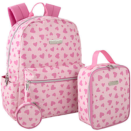 Jessica Simpson Backpack With 16" Laptop Pocket, Lunch Bag And Coin Purse, Pink Heart