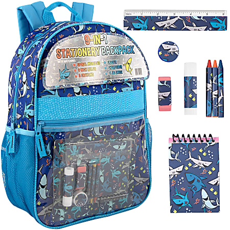 Trailmaker 9-in-1 Backpack With School Supplies, Blue Shark Print