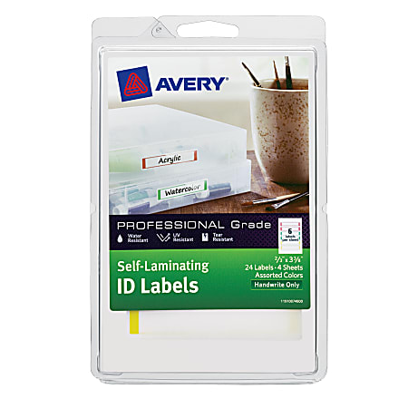 Avery® Heavy-Duty Self-Laminating ID Labels, 748, Handwritable, 3 3/8" x 2/3", Assorted/White, Pack Of 24