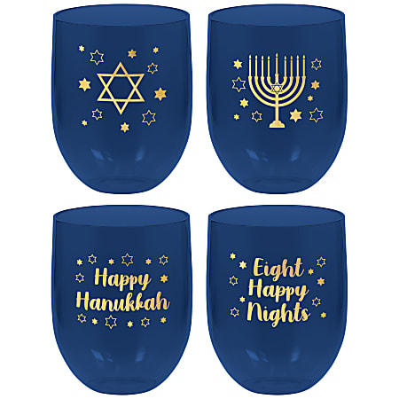 Amscan 350578 Hanukkah Stemless Drinking Glasses, 15.2 Oz, Blue, Set Of 4 Glasses