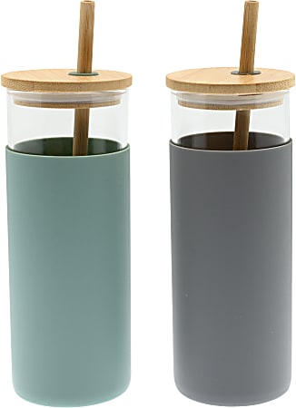 GNBI Glass Tumbler Set, 16 Oz, Sage/Gray, Set Of 2 Tumblers