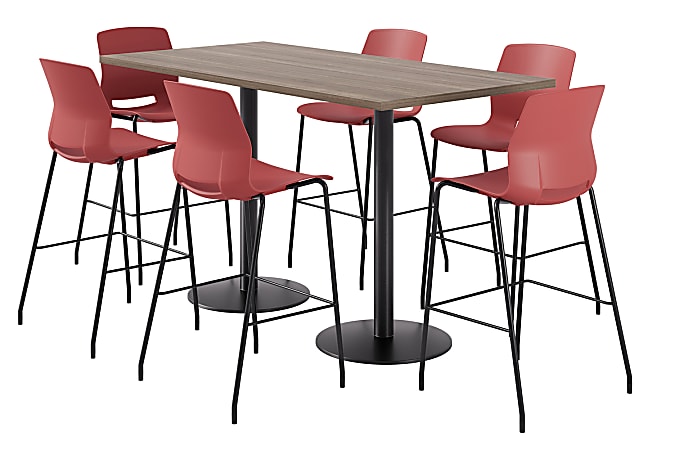 KFI Studios Proof Bistro Rectangle Pedestal Table With 6 Imme Barstools, 43-1/2"H x 72"W x 36"D, Studio Teak/Black/Coral Stools